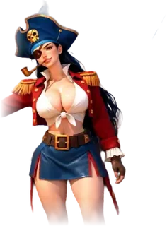 A pirate captain in a red coat and a tricorn hat